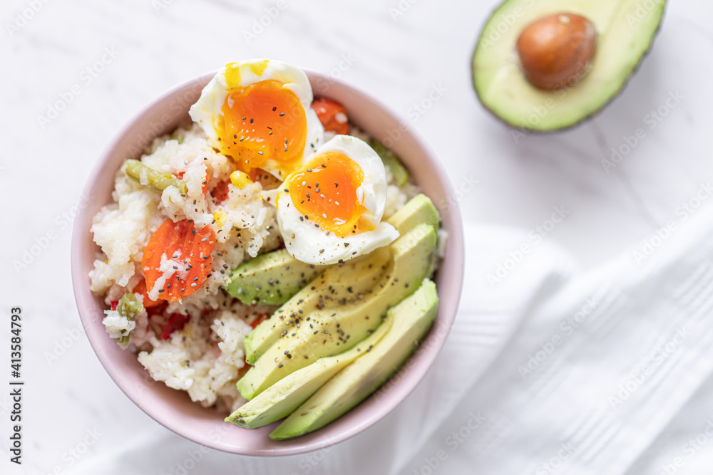Veggie Rice With Mixed Vegetables, Avocado and Boiled Egg, Flat Lay