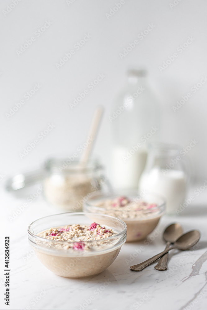 Peanut and Raspberry Overnight Oats, Morning Porridge Breakfast, Diary Milk Peanut and Raspberry Overnight Oats, Morning Porridge Breakfast, Diary Milk