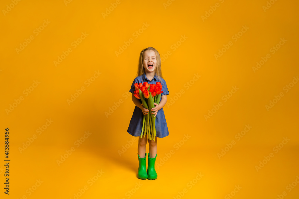 happy little girl in a blue denim dress and green rubber boots with red tulips on a yellow background with space for text. international women's day happy little girl in a blue denim dress and green rubber boots with red tulips on a yellow background with space for text. international women's day