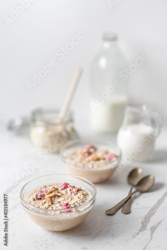 Peanut and Raspberry Overnight Oats, Morning Porridge Breakfast, Diary Milk