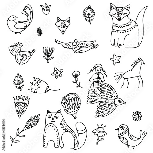 Flowers and patterns in doodle style, sketch and outline.