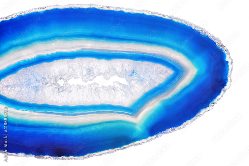Amazing Blue Agate Crystal cross section isolated on white background. Natural translucent agate crystal surface, Blue abstract structure slice mineral stone macro closeup Amazing Blue Agate Crystal cross section isolated on white background. Natural translucent agate crystal surface, Blue abstract structure slice mineral stone macro closeup