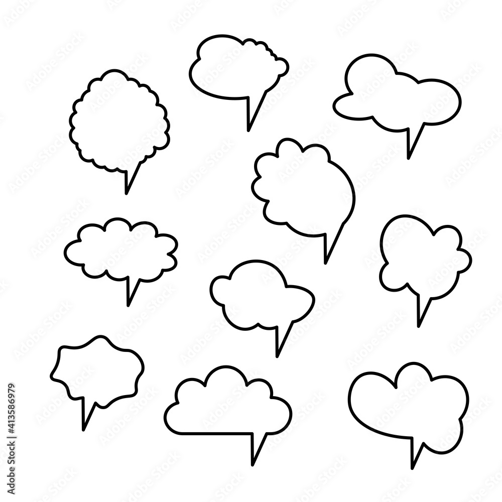 Set of black vector comic speech bubbles. Isolated colorful banner, empty paper shape. Cartoon flat illustration for chat. Template frame. Hand draw style, dialog cloud. Set of black vector comic speech bubbles. Isolated colorful banner, empty paper shape. Cartoon flat illustration for chat. Template frame. Hand draw style, dialog cloud.