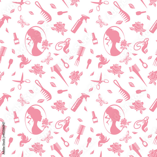 Barber tools seamless pattern scissors, comb, spray bottle, rose, butterfly, beads, girl profile. Design for poster, banner, print.