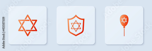 Set Shield with Star of David, and Balloon star david. White square button. Vector.
