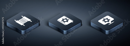 Set Isometric Torah scroll, Star of David and Jewish torah book icon. Vector.