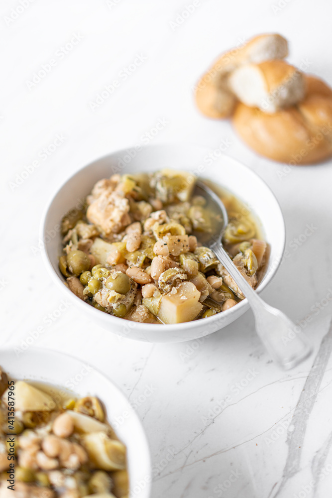Chicken Breast Casserole, Leeks, Potatoes, Beans, Peas and Green Olives Chicken Breast Casserole, Leeks, Potatoes, Beans, Peas and Green Olives