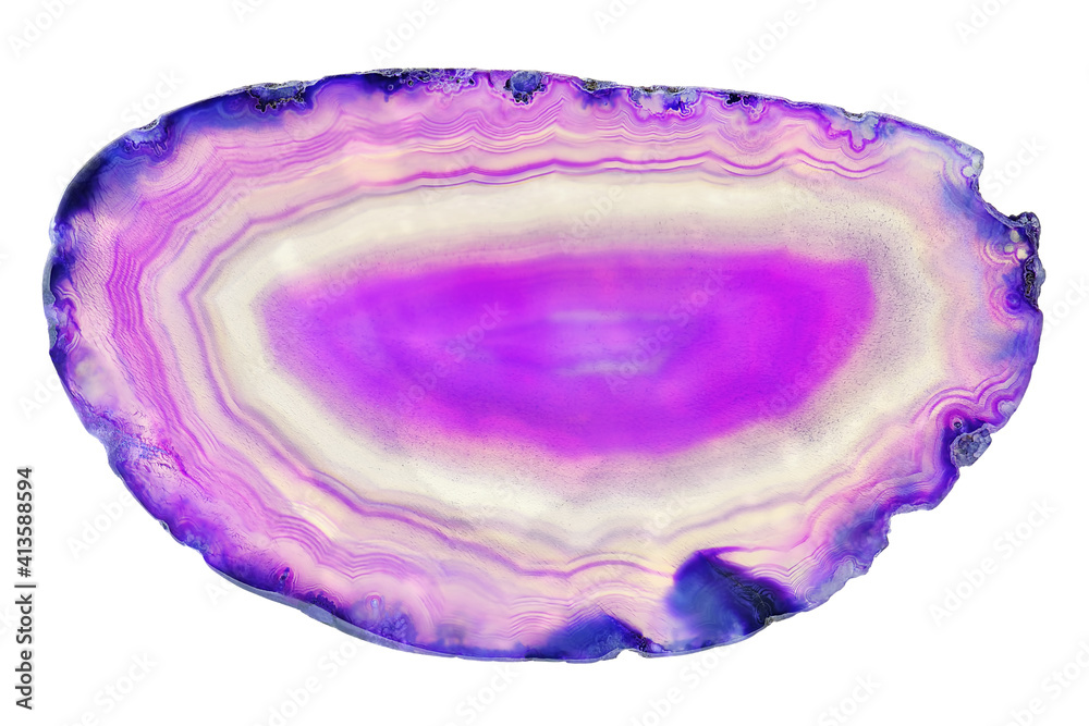 Amazing cross section of Violet Agate Crystal geode. Natural translucent agate crystal surface cut isolated on white background, Purple healing abstract structure slice mineral stone macro closeup Amazing cross section of Violet Agate Crystal geode. Natural translucent agate crystal surface cut isolated on white background, Purple healing abstract structure slice mineral stone macro closeup