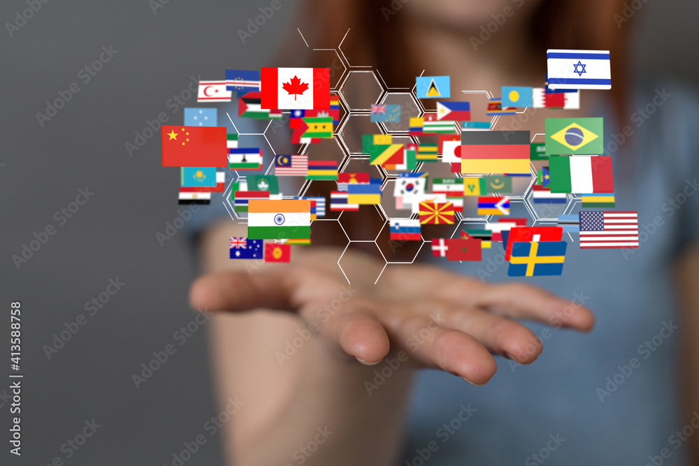 Global communication and international messaging concept, national flags of world Global communication and international messaging concept, national flags of world