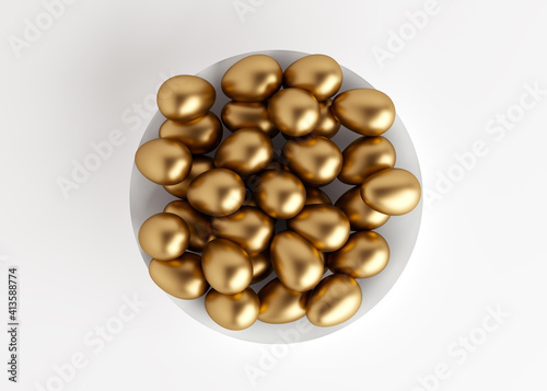 Golden eggs on a white plate. Easter holiday. 3D rendering and 3D illustration.