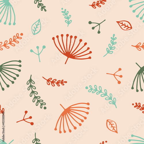 Vector illustration. Abstract Floral seamless pattern on cream background. Colorful Twigs and Flowers. Hand drawn Doodle clipart. For greeting card, fabric, gift wrapping, Social Media. Scandi style.