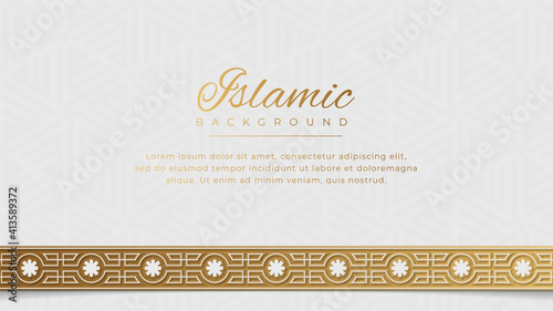 Islamic Arabic Golden Ornament Arabesque Pattern Border Background with Copy Space for Text	