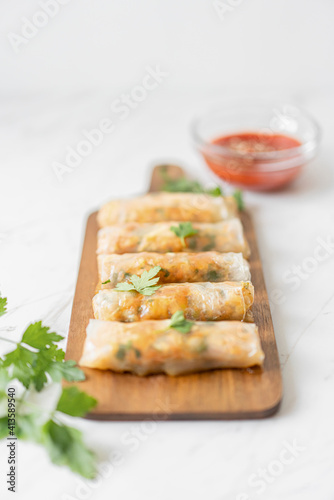 Vegetable Spring Rolls with Tomato Chili Dip, Flat Lay