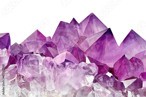 Amazing rare shape sparkly Violet Crystal Stone macro mineral surface. Purple rough Amethyst quartz Crystals geode on white background. Amethyst looks like a cave made of stone.