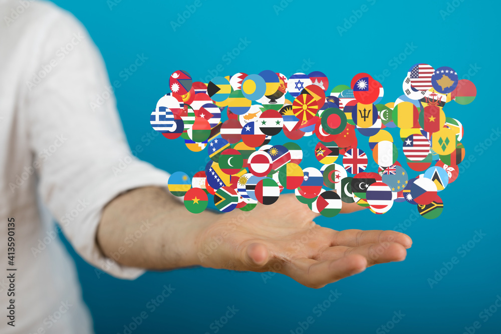 Global communication and international messaging concept, national flags of world Global communication and international messaging concept, national flags of world