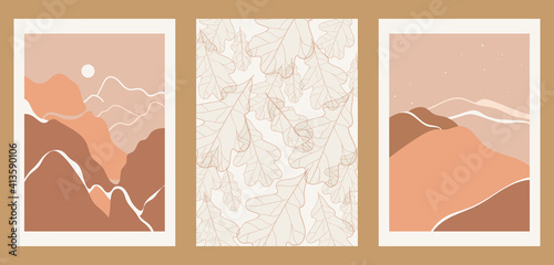 Creative aesthetic posters in minimalist vintage style. Vertical A4 illustrations for social media, web design, covers. A set of three abstract backgrounds with plants, leaves, abstract landscapes.