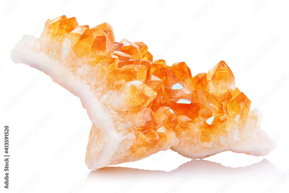 Amazing natural Citrine Quartz Crystal cluster mineral stone closeup macro isolated on white background. Macro of beautiful rare mineral stone Amazing natural Citrine Quartz Crystal cluster mineral stone closeup macro isolated on white background. Macro of beautiful rare mineral stone