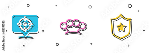 Set Target sport, Brass knuckles and Military reward medal icon. Vector.