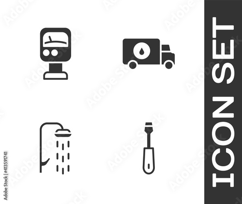 Set Screwdriver, Pressure water meter, Shower and Plumber service car icon. Vector.