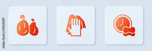 Set Cleaning service, Garbage bag and Washing dishes. White square button. Vector.