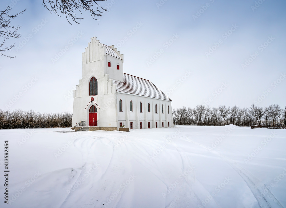Winter exterior view of the historic Bethlehem Danish Lutheran church in the hamlet of Dalum, Alberta, Canada 