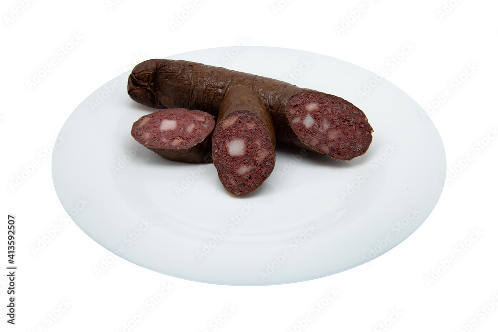 Obraz premium delicious blood sausage on white plate isolated on transparent background for your design or menu creation