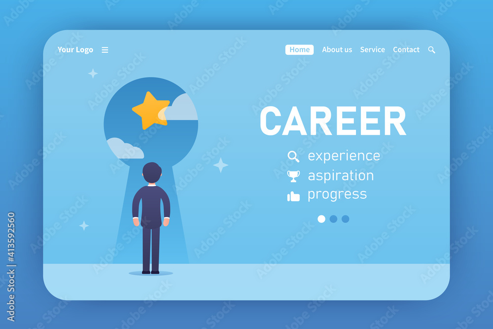 Career. Landing page template. Vector concept of problem solving. The businessman stands with his back and looks into the turnkey hole in which he sees a bright future. Progress, aspiration.