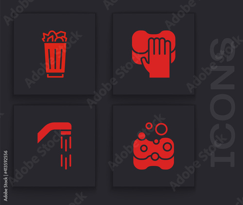 Set Sponge, Full trash can, Cleaning service and Shower head icon. Vector.