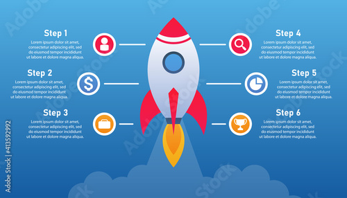 Business startup infographics. Flying rocket with icons from which there are lines for text. Can be used for presentation or websites. Easy to edit and replace text. Startup data and steps.