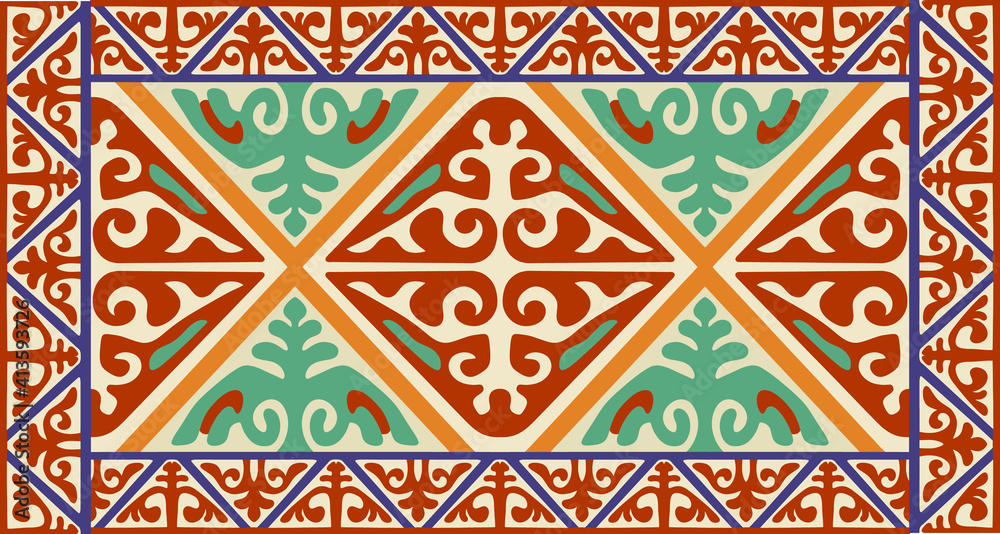 Kazakh or Kyrgiz tribal national Middle Asian ethnic colorful red, green, orange ornament for custom design, background, textile.