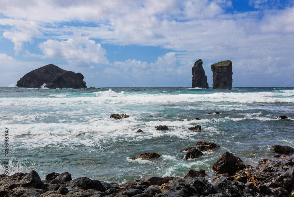 Coastal view, rock formations and Atlantic Ocean, Mosteiros beach, Sao Miguel Island, Portugal