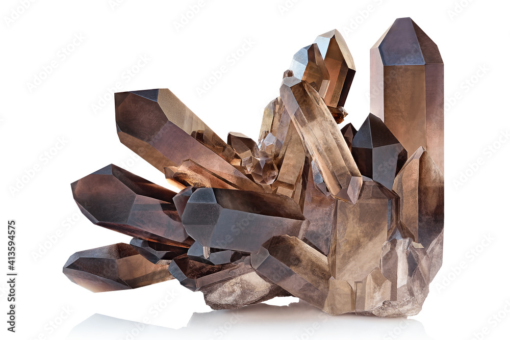 Extreme sharp and detailed closeup macro of amazing glassy Smoky Quartz Crystal mineral stone cluster isolated on white background.  Natural pure translucent black/dark brown shiny specimen of crystal - obrazy, fototapety, plakaty 