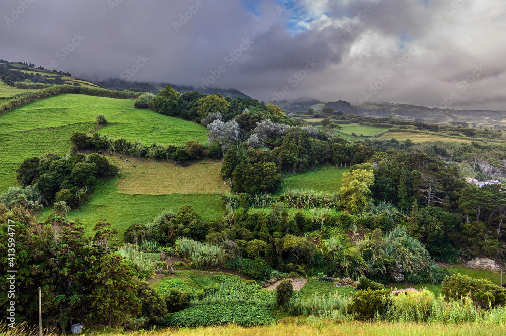 Foggy green landscape of Sao Miguel Island, Portugal Foggy green landscape of Sao Miguel Island, Portugal