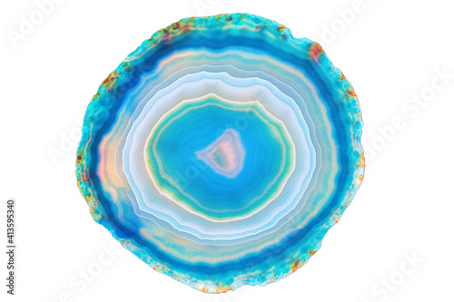 Amazing Blue Agate Crystal cross section isolated on white background. Natural translucent agate crystal surface, Blue abstract structure slice mineral stone macro closeup