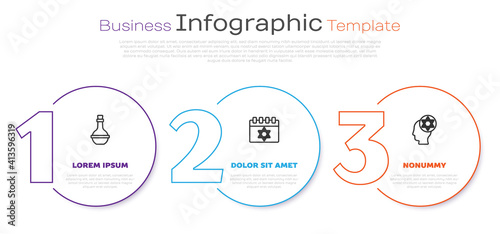 Set line Jewish wine bottle, calendar and Orthodox jewish hat. Business infographic template. Vector.