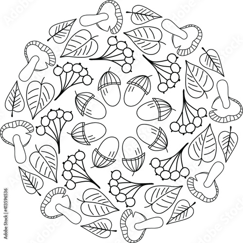 Cute coloring books for children. Autumn nature round frame in doodle style in vector. Anti stress coloring page with small details