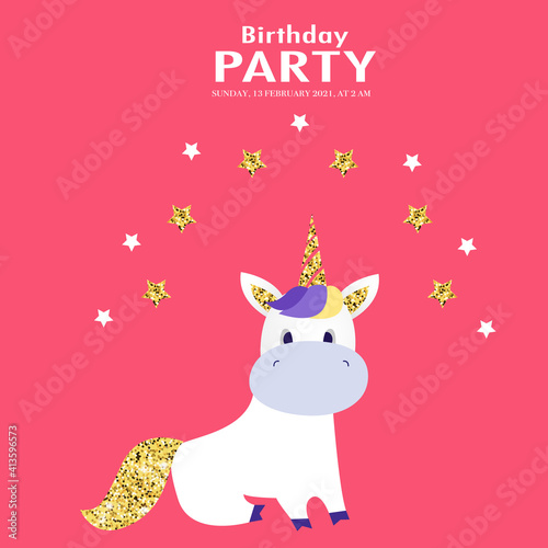 Happy birthday. Card with unicorn. Card for baby. Vector illustration