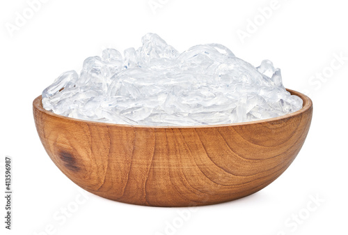 clear kelp or seaweed noodles in wooden bowl isolated on white background with clipping path                                                    