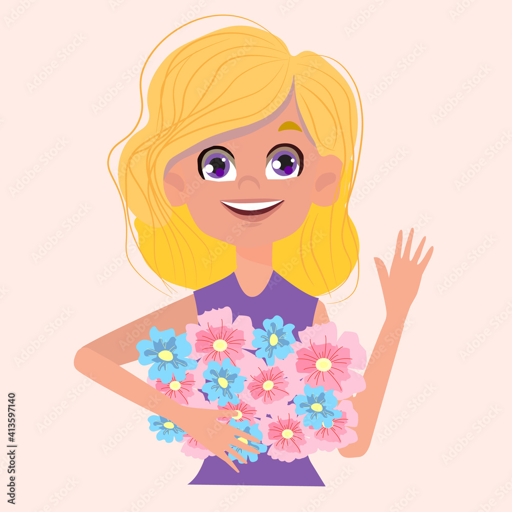 Beautiful cute girl with a bouquet of flowers, an illustration for postcards, banners, greetings. Vector illustration in the flat style