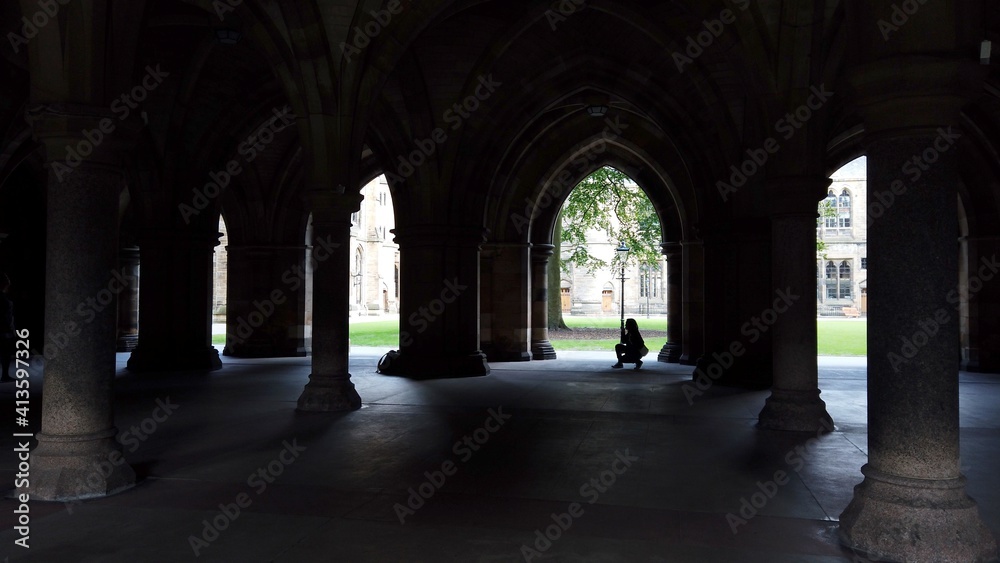 The Cloisters at Glasgow University looking out onto a quadrangle.