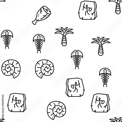 Prehistoric Period Vector Seamless Pattern Thin Line Illustration