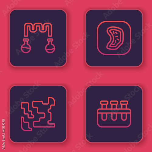 Set line Test tube and flask, Gaseous, Bacteria and . Blue square button. Vector.