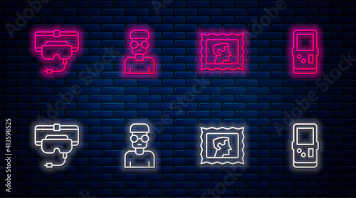 Set line Nerd geek, Postal stamp, Virtual reality glasses and Tetris. Glowing neon icon on brick wall. Vector.