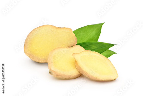 Fresh ginger rhizome sliced with green leaves isolated on white background.