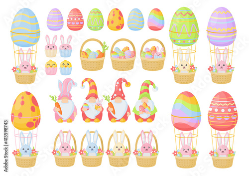 Set of Easter illustration, including Easter dwarfs, Easter eggs, Easter baskets with rabbits and eggs, etc. Vector colorful Easter objects isolated on white. 