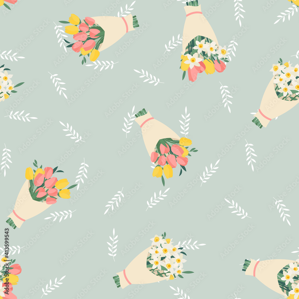 Bouquet set with spring flowers tulips and daffodils seamless pattern background. Vector Illustration EPS10