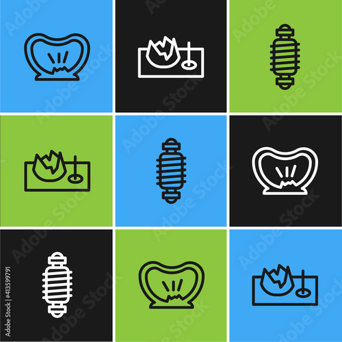 Set line Bicycle punctured tire, suspension and street ramp icon. Vector.