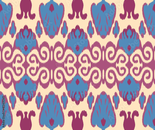 Seamless Uzbek or Indonestian Ikat vector fabric pattern, textile ornaments in ethnic Asian style, simple and colorful, cold tones, for custom design and print.