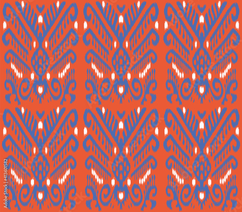 Seamless Uzbek or Indonestian Ikat vector fabric pattern, textile ornaments in ethnic Asian style, simple and colorful, orange, blue and ivory tones, for custom design and print