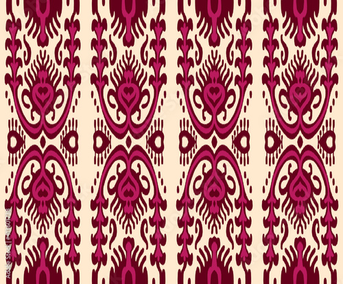 Seamless Uzbek or Indonestian Ikat vector fabric pattern, textile ornaments in ethnic Asian style, simple and colorful, burgundy, purple and ivory tones, for custom design and print.
